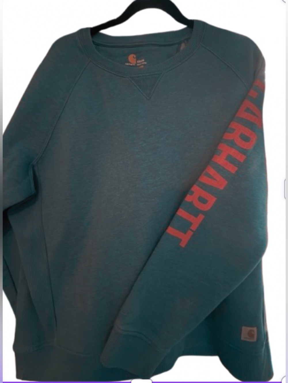 Carhartt Relaxed Fit Teal Crewneck Sweatshirt with Orange Sleeve Logo